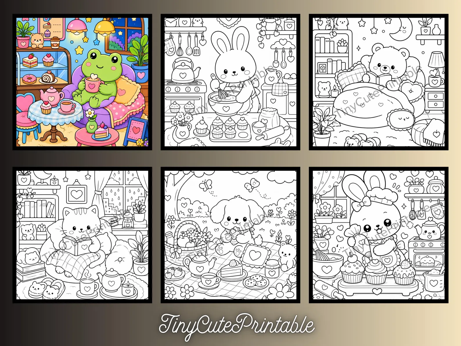CuteLearner printable Cozy Animal Coloring Pages, Kawaii Hygge Scenes, Relaxing PDF (6+ Pages) — Coloring Books — preview 2